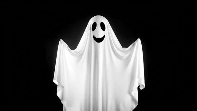 Spooky white ghost with black eyes and a smiling mouth against a dark black background Halloween scene