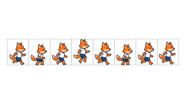 Animated fox character walking in sprite sheet for game design
