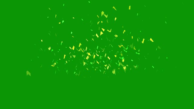 Animation of golden confetti falling down on green screen background. Colorful confetti raining down with realistic party popper blast on alpha channel, double golden confetti burst. 4k
