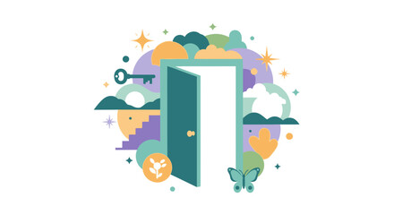 Fototapeta premium Open Door to New Opportunities and Personal Growth Conceptual Flat Vector Illustration with Key, Mountains, and Butterfly Symbols