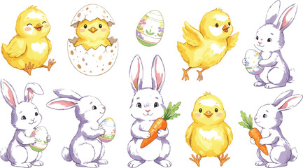 Naklejka premium Set of hand painted watercolor illustrations featuring cute yellow chicks and purple bunnies with easter eggs and orange carrots on white background