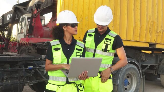 Two engineers in safety vests analyze laptop data near cargo truck and container, coordinating logistics and industrial transport operations.