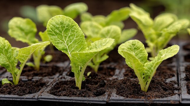 Young lettuce seedlings growing in black plastic seed tray