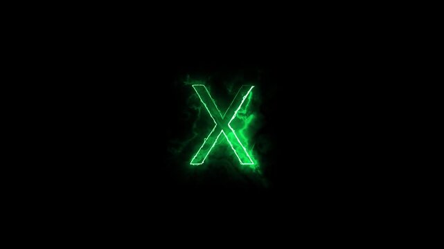 Green glowing letter X animated with smoky effect on black background, motion graphic.