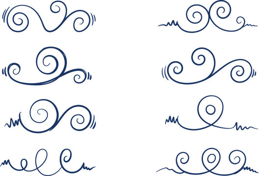 Set of dark blue hand drawn swirl flourishes and decorative scroll for page layouts