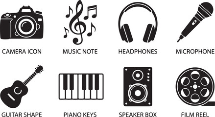 Audio equipment icons, music symbols, film and photography tools, vector graphics © 2025