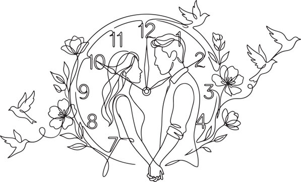 Romantic Couple with Clock and Floral Heart Line Art Illustration