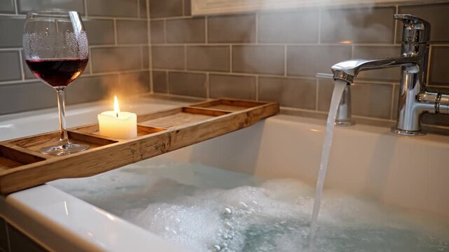 Bathtub filling with hot water wine glass and candle