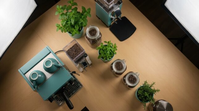 Top view coffee station with teal espresso machine grinder glass jars and potted herbs for social media flatlay and product background