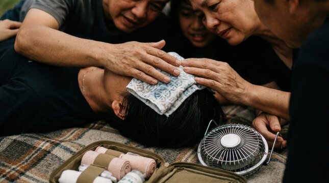 Person receiving cooling cloth on forehead while others assist in an outdoor first aid moment for care and recovery scene