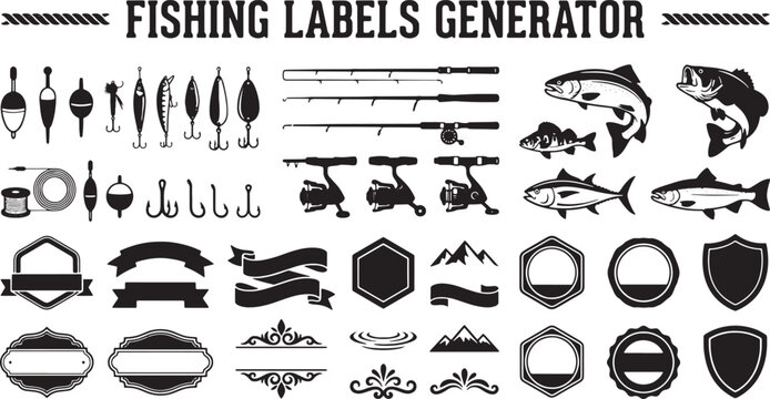 Fishing Labels Generator Vector Set &ndash; Vintage Badges, Ribbons, Fish, Rods and Tackle Elements