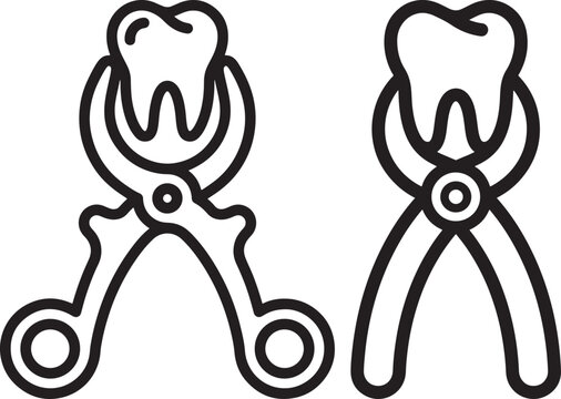 Dental forceps holding a tooth extraction symbol.