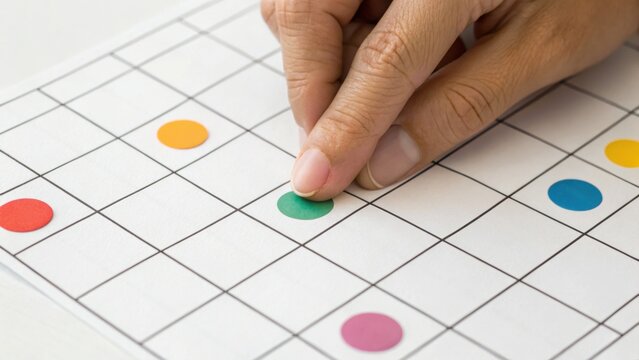 A hand placing a green circular sticker on a grid chart with other colored stickers arranged in different squares.