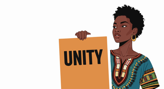 Woman holding sign with unity message, diverse representation and social justice concept. Woman holding sign with unity message, advocating for equality and togetherness.