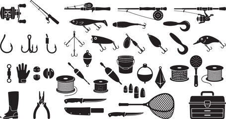 Fishing Tackle and Lures Silhouette Set – Rods, Reels, Hooks, Baits and Accessories Vector Collection © Open Expression