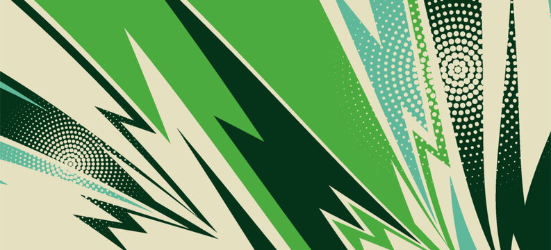 Abstract Green Comic Speed Line Background with Halftone Grunge Texture