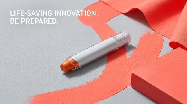 Coral epinephrine auto injector on painted surface with tagline life saving innovation for medical product ad and awareness banner