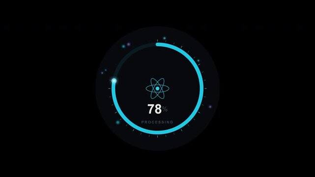 Blue loading bar with atom symbol suitable for science websites, technology blogs, educational presentations, software applications, and digital animations.