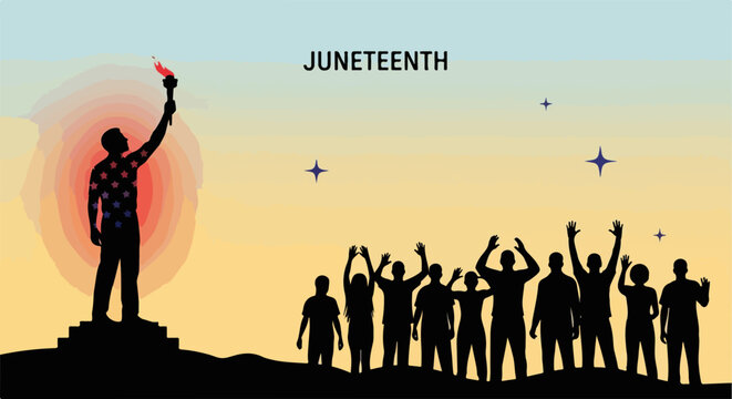 Juneteenth celebration vector illustration with diverse crowd raising hands towards freedom torch bearer. Juneteenth freedom day concept for historical commemoration and cultural events.