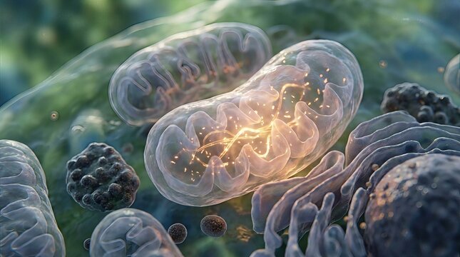 Mitochondrion, intricate organelle generating cellular energy, essential biological process illuminating power source within a vibrant microscopic organism, fundamental structure.