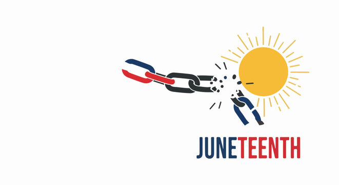 Juneteenth celebration freedom symbol with breaking chains and rising sun. Juneteenth emancipation day represents liberation and new beginnings. Juneteenth holiday concept for awareness and education.