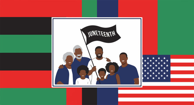 Juneteenth celebration with diverse family holding flag and American flag background. Juneteenth freedom day concept for community events and historical remembrance.