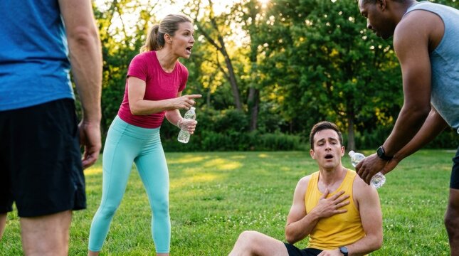 Female trainer directing runners during outdoor group workout while assisting a fatigued participant for fitness coaching and training session
