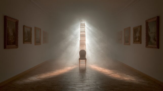 Dramatic light beam illuminating an empty chair in a foggy gallery hall
