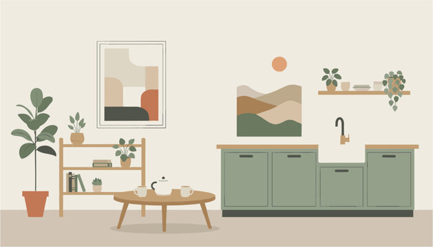 Minimalist kitchen interior with shelves and potted plants