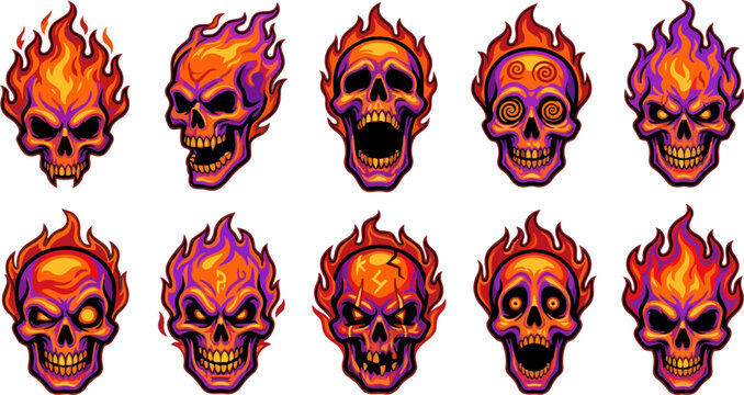 Cartoon skulls with fire flames.