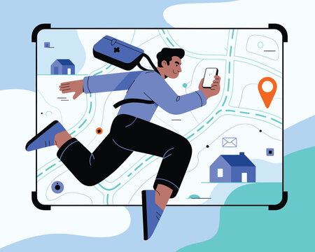 Delivery person running with phone on map background delivery service location navigation tracking logistics illustration character