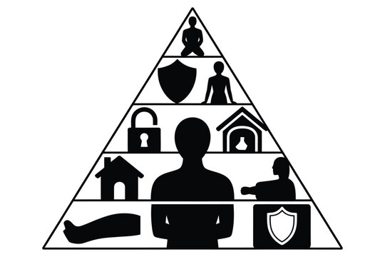 Maslows hierarchy of needs pyramid icon set, human needs conceptual illustration, psychological and physiological requirements isolated on white background