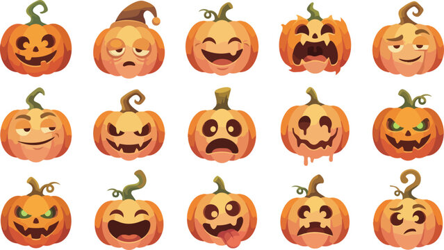 Collection of various carved pumpkin faces.