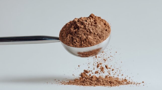 Measuring spoon with brown cocoa powder spilling on white background