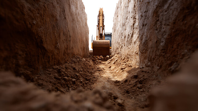 Industrial earth moving equipment on a construction site, seen from a deep trench perspective, illustrating hard work and development