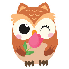 Obraz premium Cute cartoon owl holding a pink tulip flower, with a playful wink