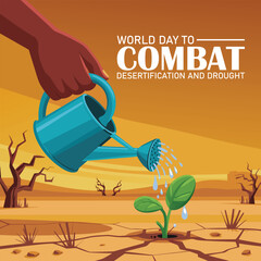 World Day to Combat Desertification and Drought banner with Hand holding a watering pot , watering the seedlings in dry areas and then hot deserts vector design © MD ABDUL MATIN