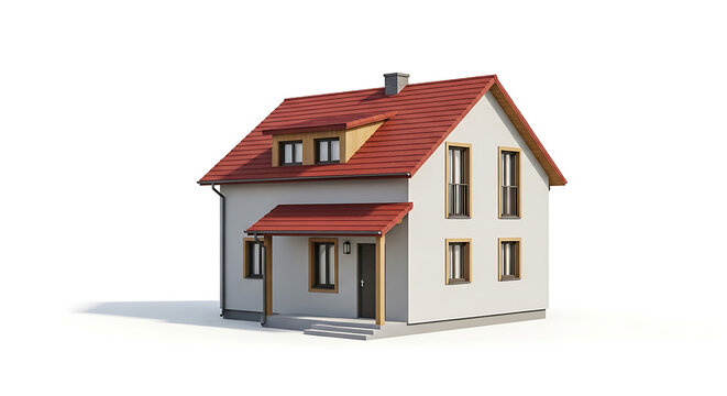 Small white house with red roof and brown trim on isolated background transparent background
