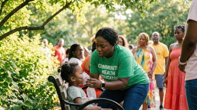 Community health educator fitting oxygen mask on young girl at outdoor clinic for public health outreach and education banner