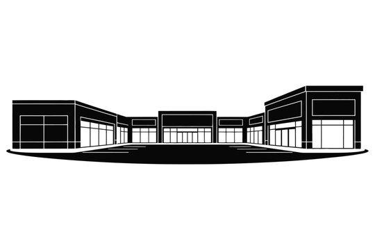 Vector illustration of a modern strip mall or shopping center building with parking lot in front, isolated on white background