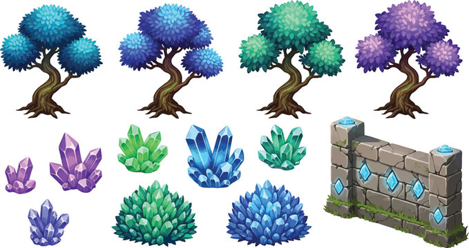 Fantasy game assets set with magical trees, glowing crystals, and stone wall for mobile game environment design