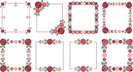 Elegant red rose flower square border frames set with green leaves for wedding invitations greeting cards and romantic floral stationery vector © Ratna