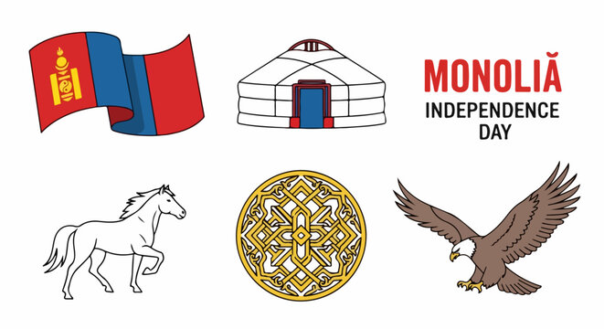 Mongolia independence day vector elements with flag, ger, horse, symbol, and eagle. Traditional Mongolian culture and national symbols for celebration.