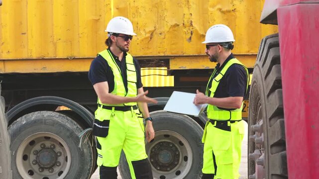 Two engineers in safety vests analyze laptop data near cargo truck and container, coordinating logistics and industrial transport operations.