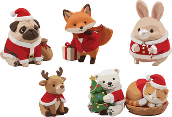 Fototapeta premium Adorable set of small animals including a pug dog and red fox wearing festive red santa suits and hats celebrating winter holidays on white background