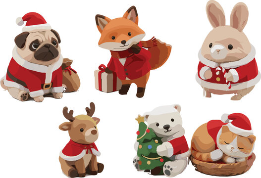 Adorable set of small animals including a pug dog and red fox wearing festive red santa suits and hats celebrating winter holidays on white background