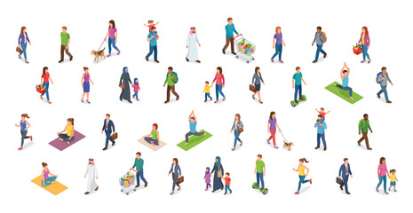 Diverse people in isometric view performing various daily activities and lifestyle routines | Large collection of human characters and vector icons
