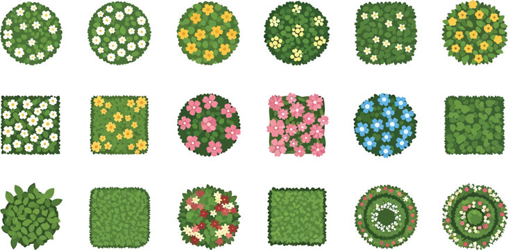 Top view garden plants and flower bushes set for landscape design architecture and map site planning vector