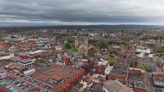 Aerial view of Exeter, which is an ancient city on the River Exe in southwest England. Dating back to the Roman era, the Exeter City Walls surround its centre and Gothic Exeter .