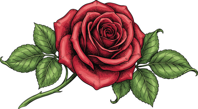 Beautiful red rose flower with green leaves hand drawn vintage style vector illustration isolated on white background for romantic design